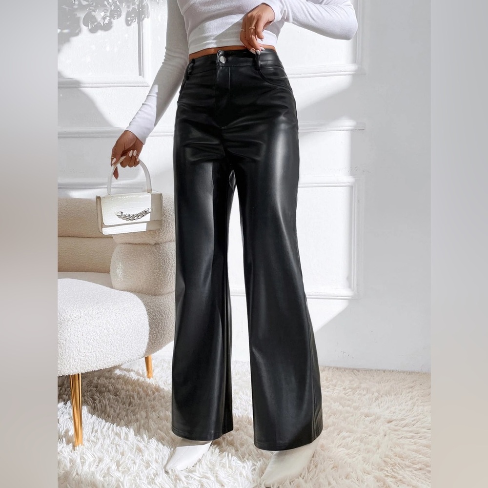 Shein Faux Leather High Waisted Wide Leg Pants. Zip Up & Belt Hoops. Sz XL